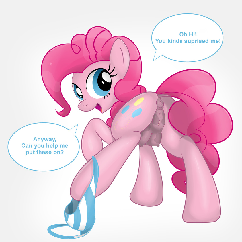 absurd_res anus ardupi blue_eyes clitoris clothing cutie_mark equine female feral friendship_is_magic fur hair hi_res hooves horse long_hair looking_at_viewer looking_back mammal my_little_pony nipples open_mouth panties panties_around_one_leg pink_fur pink_hair pinkie_pie_(mlp) plain_background presenting puffy_anus pussy raised_tail rear_view smile solo teats text underwear
