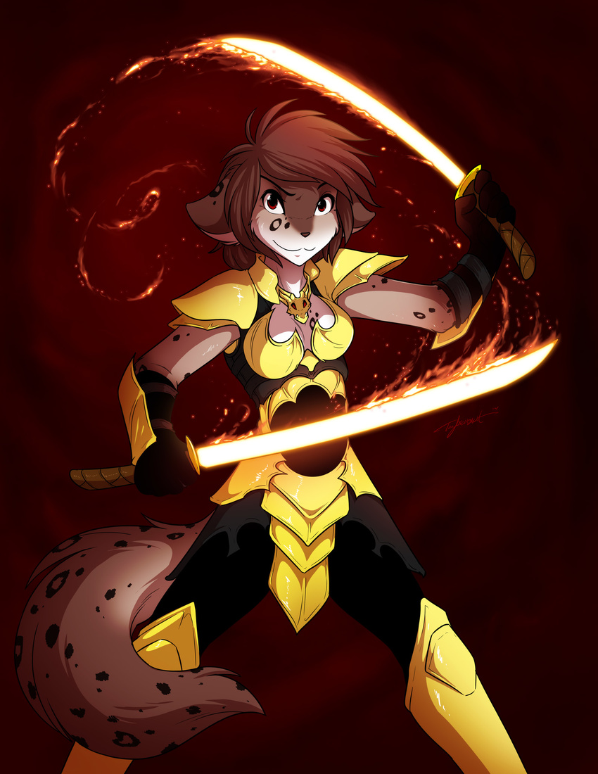 anthro armor canine feline female fire fire_sword fur hair kathrin_(twokinds) keidran looking_at_viewer mammal smile solo sword tom_fischbach twokinds weapon