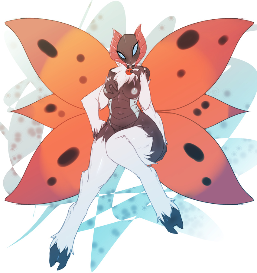 2015 abstract_background anthro anthrofied arthropod avante92 blue_eyes blush breasts butt collar female insect looking_at_viewer moth multi_limb multiple_arms navel nintendo nipples nude pok&eacute;mon smile solo video_games volcarona wide_hips wings