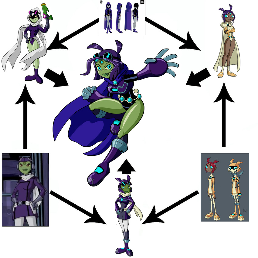 amphibian ben_10 blue_eyes eyewear female frog fusion goggles green_skin hair hexafusion hood human leotard lips looking_at_viewer mammal princess_attea purple_hair raven_(teen_titans) sari_sumdac scarf source_request teen_titans thick_thighs transformers_animated unknown_artist yellow_eyes