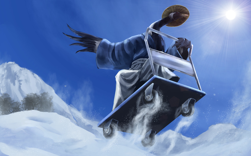 action_pose anthro avian bird black_feathers cart clothed clothing cloud crane demoiselle_crane detailed_background hakama male mountain osaki_eru outside restricted_palette sky snow solo straw_hat what winged_arms wings