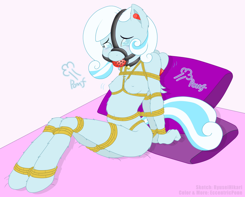 2015 anthro anthrofied ball_gag bdsm blind blue_hair bondage bound breasts collar cub earplugs eccentricpone equine fan_character female gag hair mammal my_little_pony nipples pegasus pillow rope rope_bondage ryuseihikari sensory_deprivation sitting snowdrop_(character) solo two_tone_hair white_hair wings young