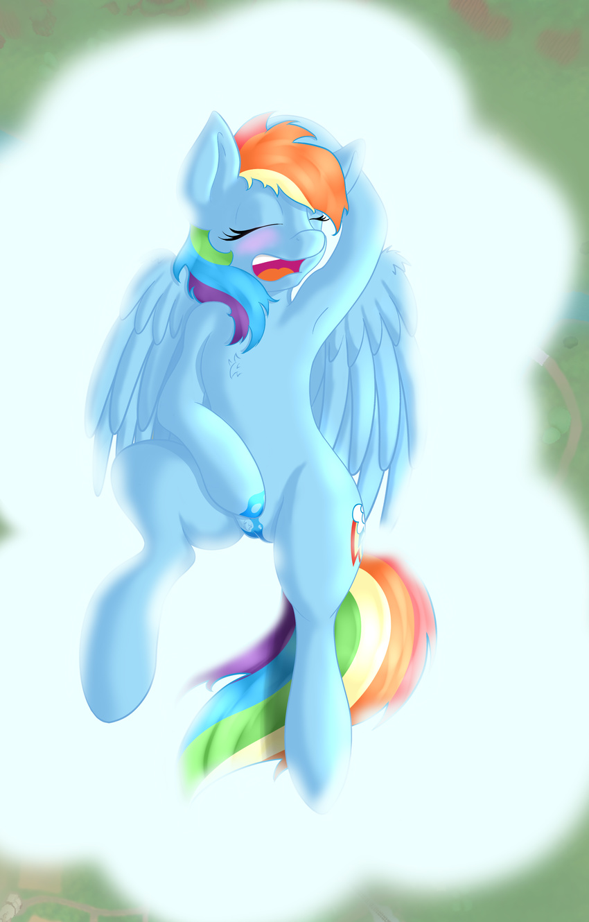 blue_fur blush cloud cutie_mark equine eyes_closed feathers female friendship_is_magic fur hair hooves long_hair lying mammal masturbation moonshine_(artist) multicolored_hair my_little_pony on_back open_mouth outside pegasus pussy pussy_juice rainbow_dash_(mlp) raised_arm solo wings