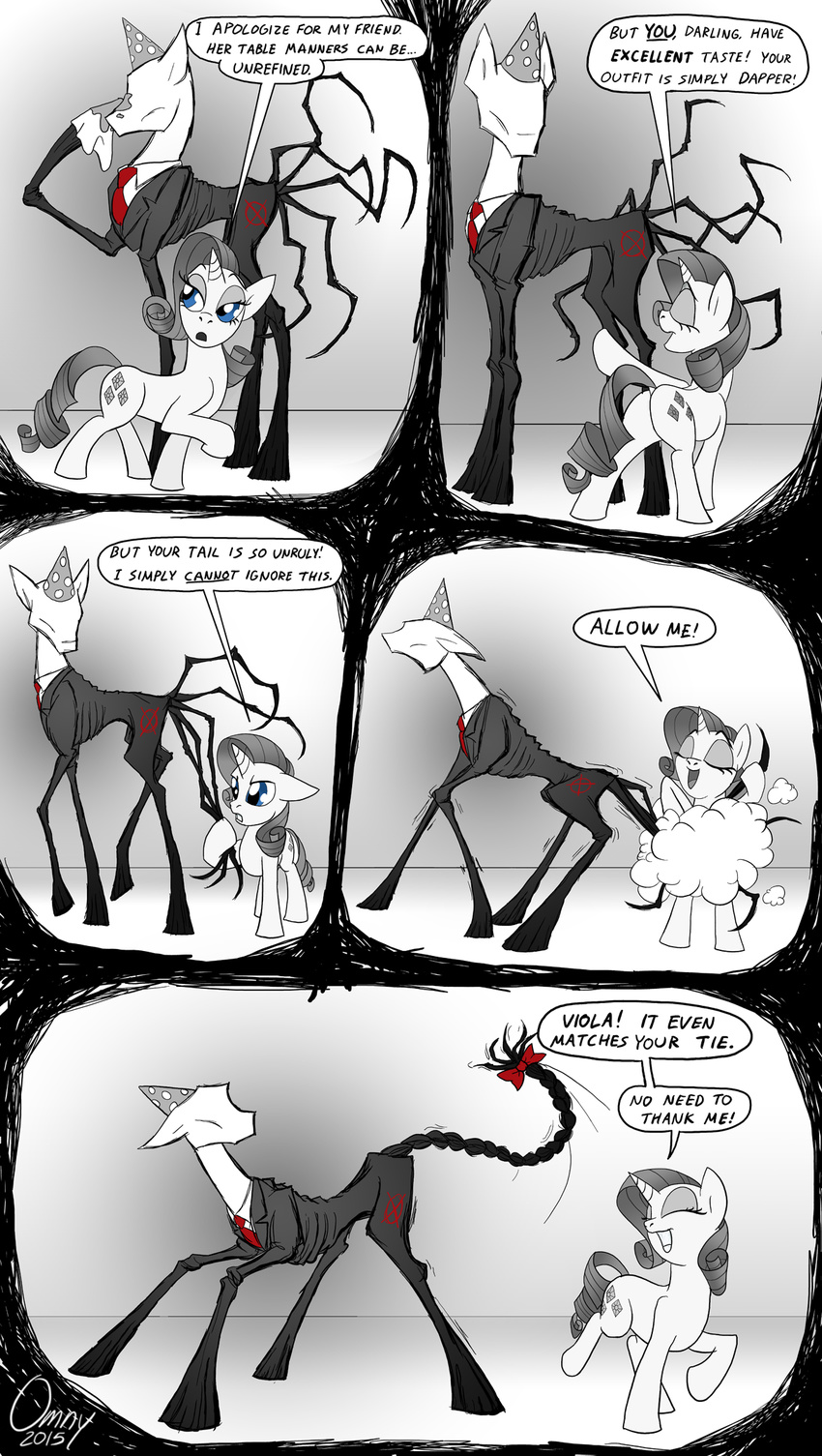 2015 black_and_white blue_eyes bow braided_hair clothing comic cross cutie_mark equine faceless female friendship_is_magic hair handkerchief hat horn horse male mammal monochrome my_little_pony necktie omny87 party_hat pony rarity_(mlp) skinny slenderman suit tentacles unicorn