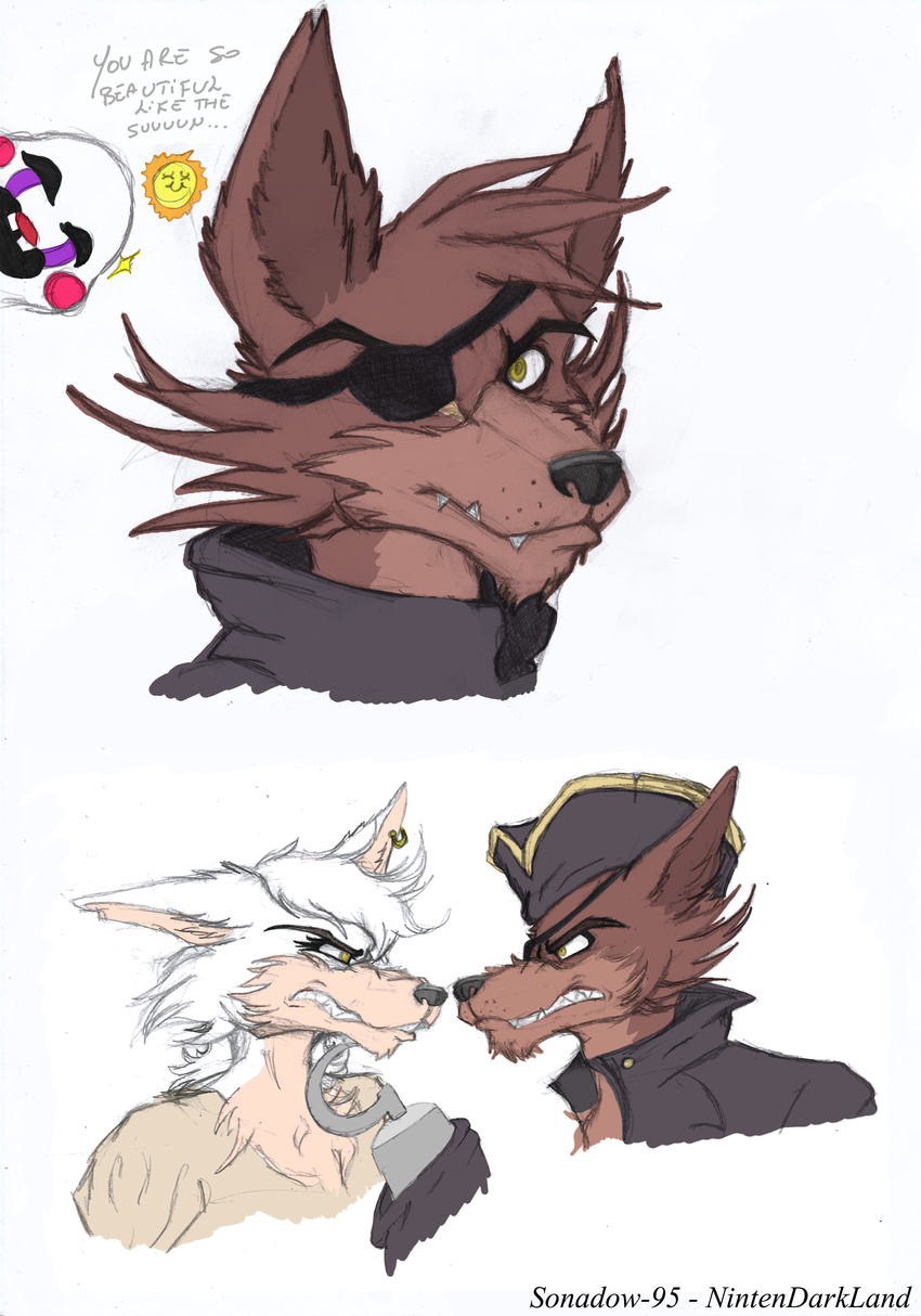 angry animatronic anthro canine ear_piercing female five_nights_at_freddy's five_nights_at_freddy's_2 fox foxy_(fnaf) glaring hook looking_at_viewer machine male mammal mangle_(fnaf) marionette_(fnaf) mechanical nintendarkland piercing pirate robot smile sun