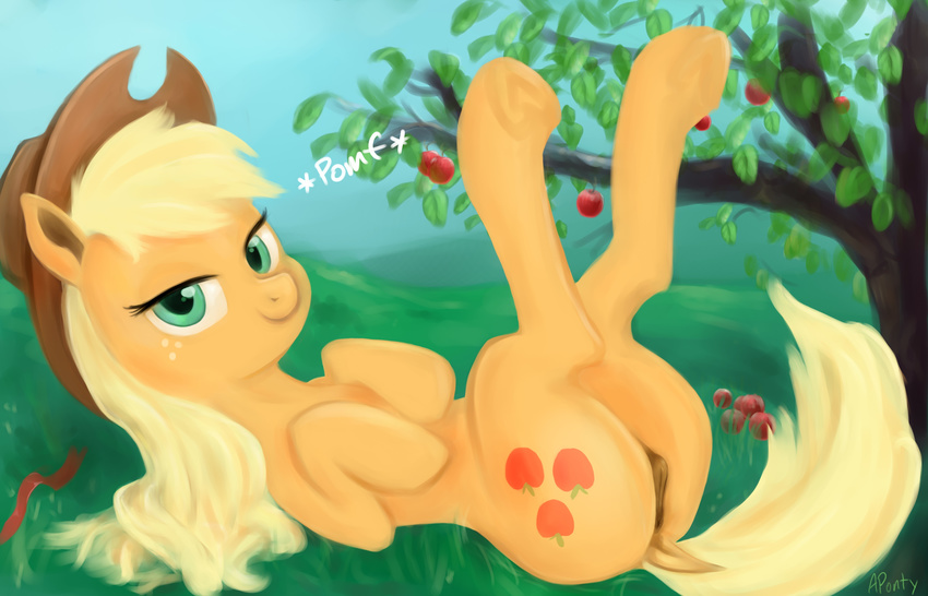 2015 anatomically_correct anatomically_correct_pussy animal_genitalia anus aponty apple applejack_(mlp) blonde_hair cutie_mark earth_pony equine equine_pussy female feral freckles friendship_is_magic fruit green_eyes hair hat hi_res hooves horse long_hair looking_at_viewer lying mammal my_little_pony on_back pomf pony pussy smile solo