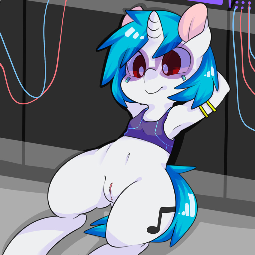 berseepon09 blue_hair bottomless bra clothed clothing cutie_mark equine eyewear female feral friendship_is_magic glasses hair half-dressed hooves horn horse mammal music my_little_pony pussy red_eyes smile solo sports_bra underwear unicorn vinyl_scratch_(mlp)