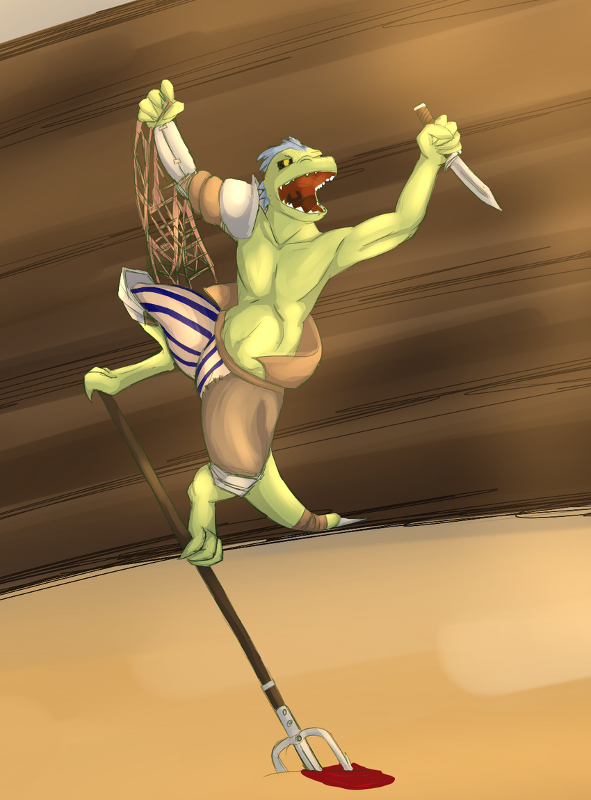 2015 anthro bunnylace clothed clothing fantasy gladiator half-dressed knife kobold male net polearm reptile scalie solo striped_pants stripes topless trident weapon