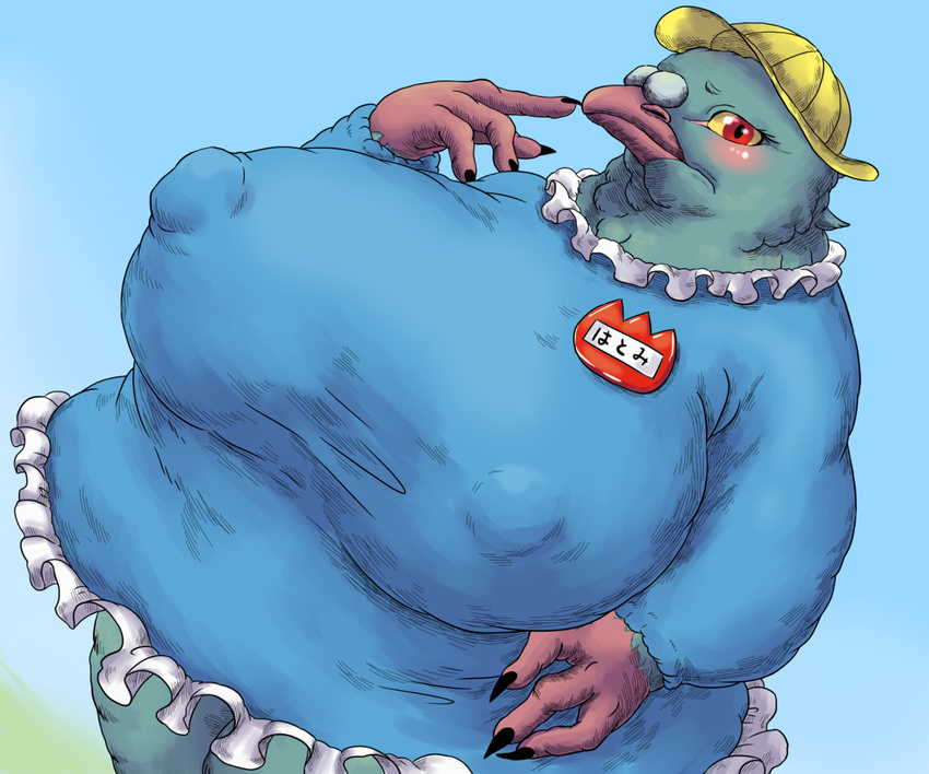 anthro avian big_breasts bigger_version_at_the_source bird blush breasts female fur green_fur kemono nipples overweight pidgeon red_eyes solo unknown_artist yellow_sclera