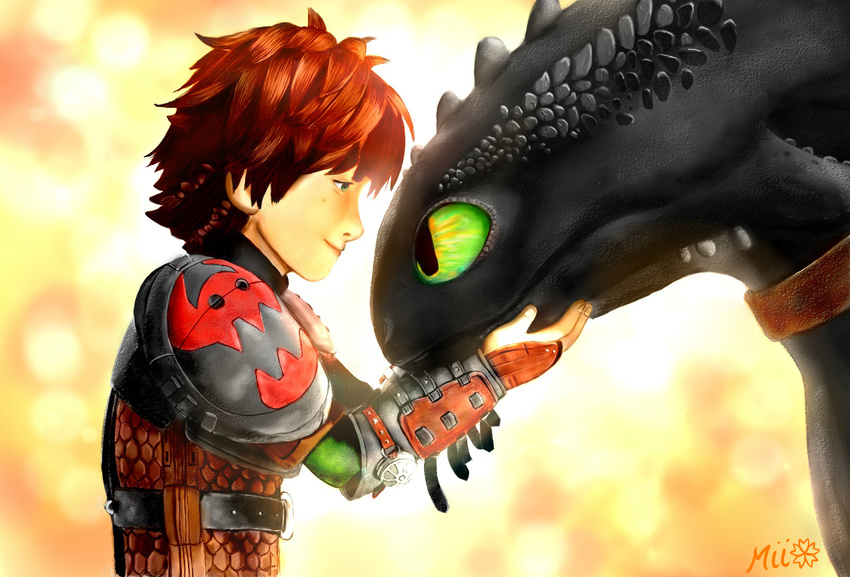 2015 abstract_background armor black_eyes black_scales brown_hair couple dragon duo eye_contact feral green_eyes green_sclera hair hiccup_(httyd) holding_head how_to_train_your_dragon human male mammal mii_(artist) night_fury scalie toothless