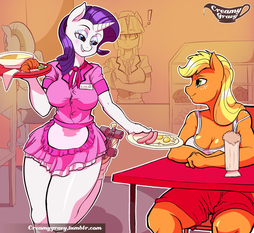 ! 2015 anthro anthrofied applejack_(mlp) being_watched blonde_hair blue_eyes blush chair cleavage clothed clothing creamygravy croissant earth_pony egg equine eye_contact eyeshadow female food freckles friendship_is_magic green_eyes group hair hi_res holding horn horse long_hair makeup mammal milkshake my_little_pony orange_skin plate pony purple_hair rarity_(mlp) rollerskates sausage sitting smile straw unicorn white_skin