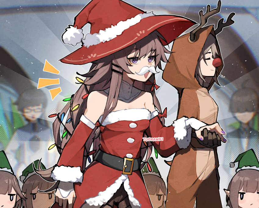 absurdres alternate_costume animal_costume antlers artist_name belt black_belt brown_hair christmas_lights commentary detached_sleeves dress elf_hat fake_antlers fake_facial_hair fake_mustache fur-trimmed_dress fur-trimmed_headwear fur-trimmed_sleeves fur_trim grey_hair hair_intakes hair_ornament hat herta_(honkai:_star_rail) highres holding_hands honkai:_star_rail honkai_(series) horns long_hair off-shoulder_dress off_shoulder pointy_ears purple_eyes purple_nails red_hat red_nose reindeer_antlers reindeer_costume santa_costume santa_dress santa_hat stelle_(honkai:_star_rail) the_herta_(honkai:_star_rail) trailblazer_(honkai:_star_rail) very_long_hair wokiiarts