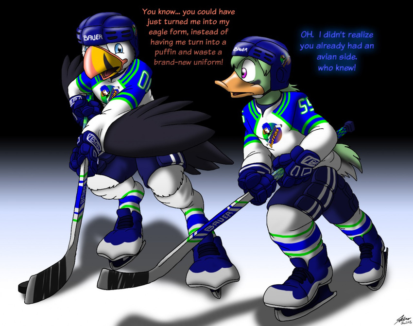 2015 anthro atlantic_puffin avian bird catmonkshiro dialogue duck duo hockey hockey_puck ice ice_skates male pheagle puffin transformation uniform