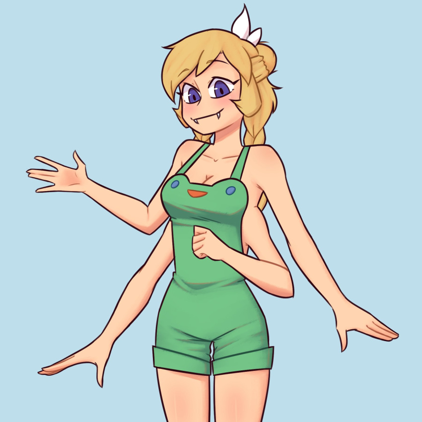 1girl bare_shoulders blonde_hair blue_background blush breasts cleavage closed_mouth commentary cowboy_shot english_commentary extra_arms fangs highres long_hair looking_at_viewer nelly_(xyronii) onesie original solo xyronii