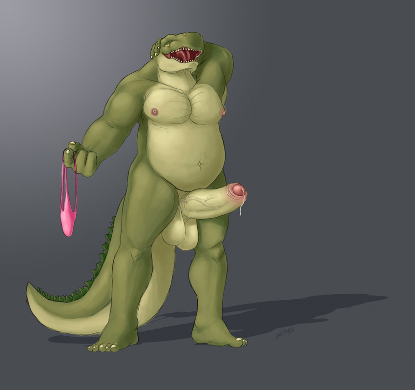 5_toes anthro balls chubby claws crocodile erection humanoid_penis male navel nipples penis plantigrade precum reptile scalie serex solo toe_claws toes uncut vein