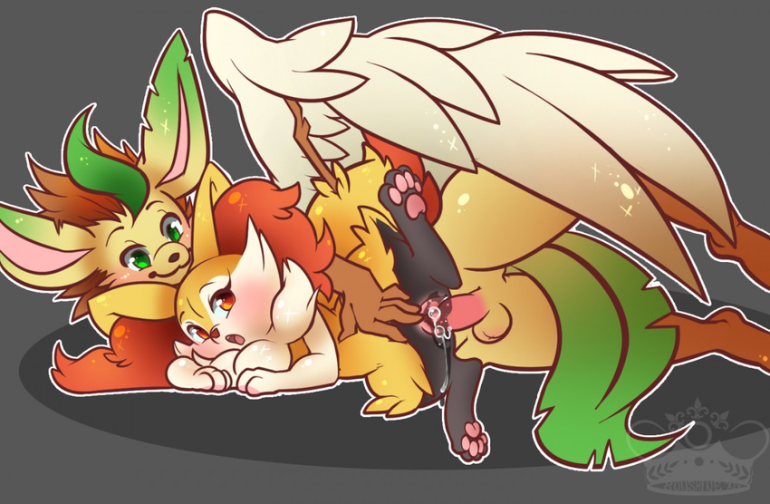 anthro big_dom_small_sub braixen cum cum_in_pussy cum_inside eeveelution female leafeon male nintendo penis pok&eacute;mon size_difference straight video_games whimsydreams wings