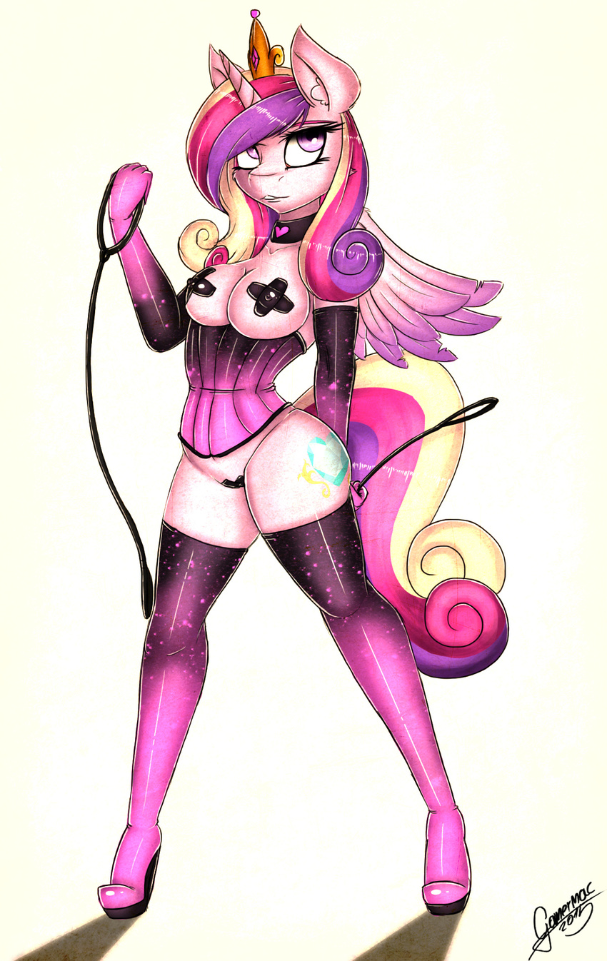 2015 anthro anthrofied breasts clothed clothing corset cutie_mark elbow_gloves equine female friendship_is_magic fur gamermac gloves hair holding horn leash long_hair mammal multicolored_hair my_little_pony nipple_tape pasties pink_eyes pink_fur plain_background princess_cadance_(mlp) pussy_tape riding_crop skimpy solo standing thigh_boots white_background winged_unicorn wings