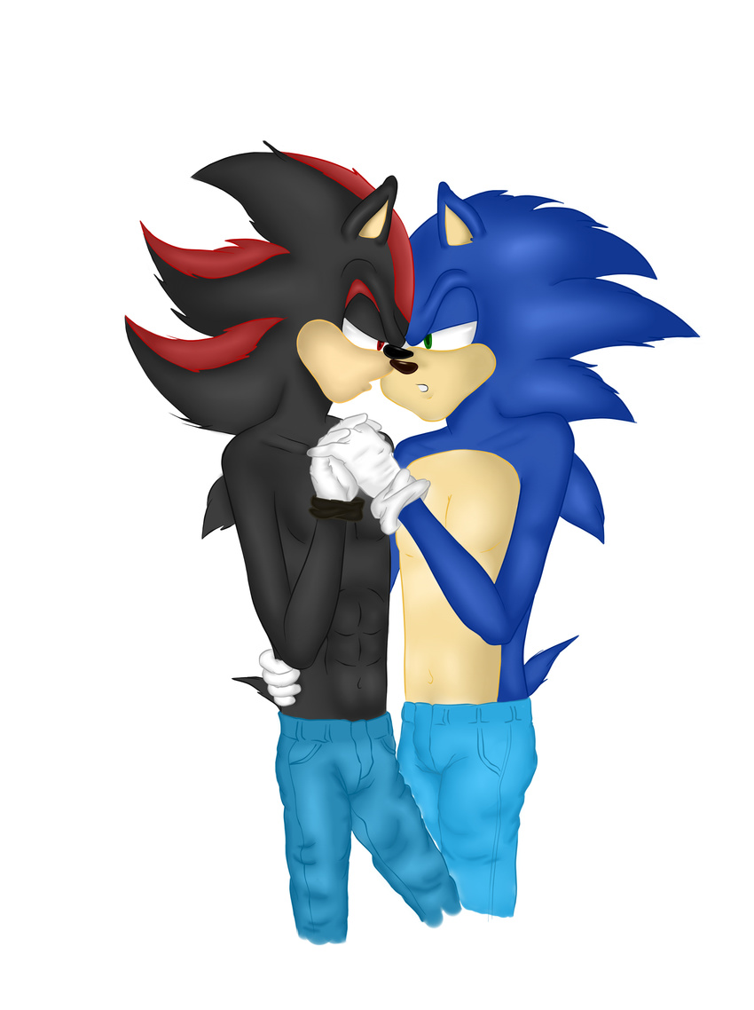 anthro clothed clothing duo gay half-dressed hand_holding lewysmcdonald's male muscles sega sonadow sonic_(series) sonic_the_hedgehog topless