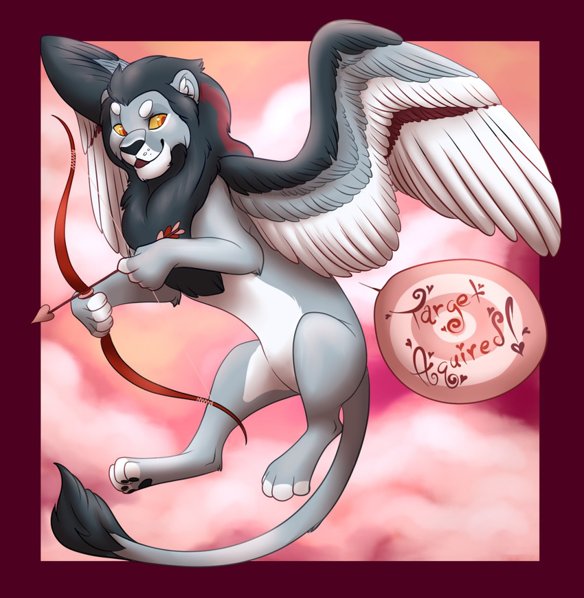 &lt;3 2015 arrow black_feathers black_fur bow cloud cupid feline flying fur grey_feathers grey_fur holidays lion male mammal orange_eyes pawpads paws red_fur smile solo tawnix valentine's_day white_feathers white_fur wings