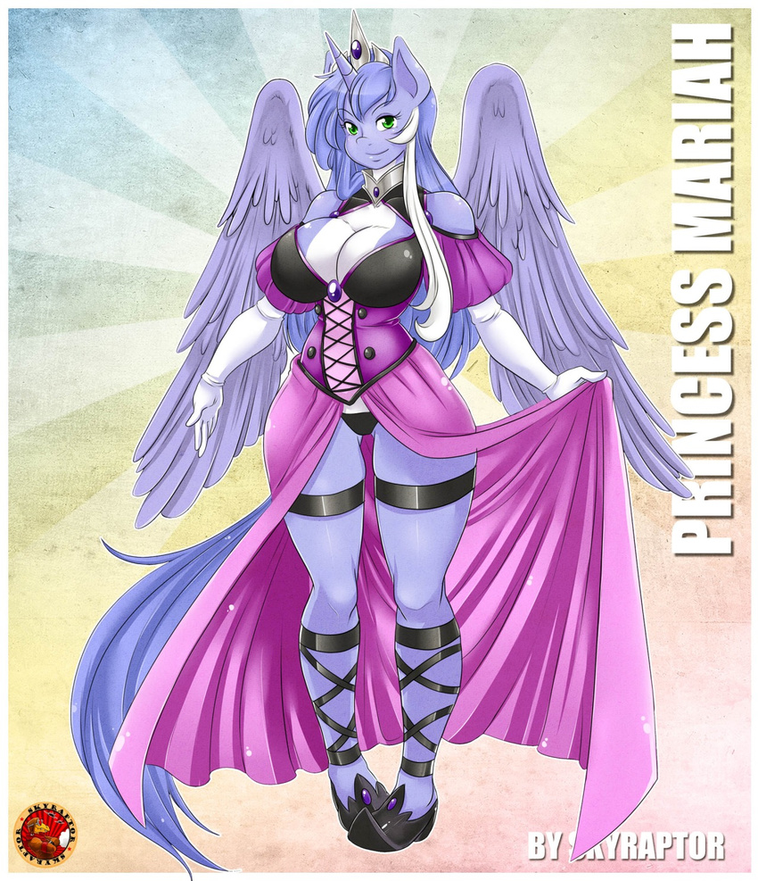2015 anthro big_breasts blue_hair breasts cleavage clothed clothing crown dress elbow_gloves equine fan_character female gloves green_eyes hair horn mammal mariah_wolves_(mlp) my_little_pony necklace panties portrait shoes skyraptor solo two_tone_hair underwear white_hair winged_unicorn wings