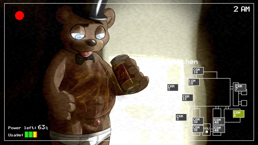 balls border briefs clothing digital_media_(artwork) erection five_nights_at_freddy's food food_play freddy_(fnaf) hat hollo_nut honey looking_down male messy partially_retracted_foreskin penis recording solo standing tongue tongue_out top_hat uncut underwear underwear_down