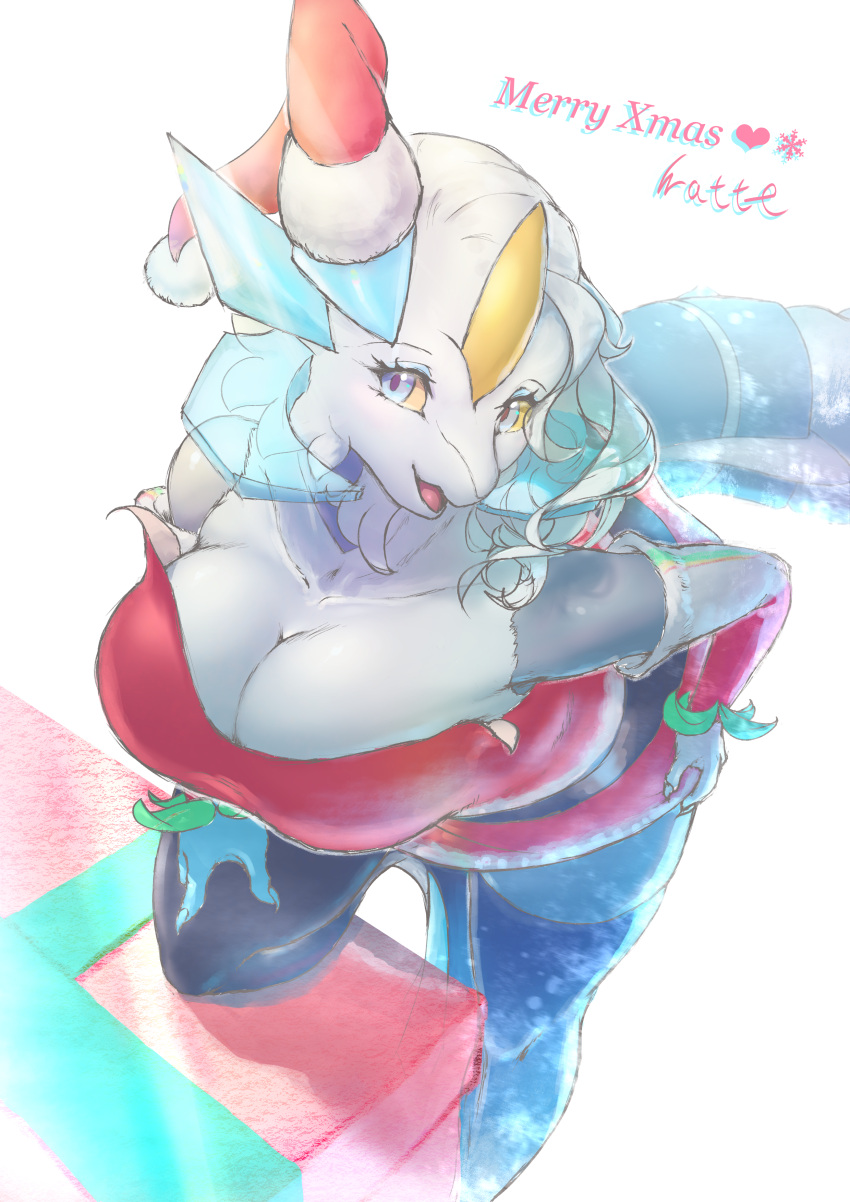 3_fingers absurd_res anthro asymmetry breasts christmas christmas_clothing christmas_headwear claws clothing costume dragon female finger_claws fingers fur generation_5_pokemon grey_body grey_skin hair hat headgear headwear hi_res high-angle_view holidays horn ice kyurem legendary_pokemon legwear long_neck looking_at_viewer mythological_creature mythological_scalie mythology nintendo non-mammal_breasts open_mouth pokemon pokemon_(species) santa_costume santa_dress santa_hat scalie shirokyure_(watte) simple_background solo stockings watte white_hair white_kyurem yellow_eyes