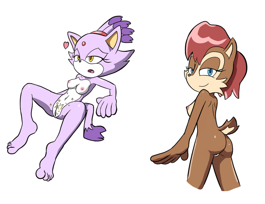 anthro back blaze_the_cat butt cat chipmunk cum duo feline female goshaag hindpaw human_feet lying mammal nude open_mouth paws pussy rodent sally_acorn sega smile sonic_(series)