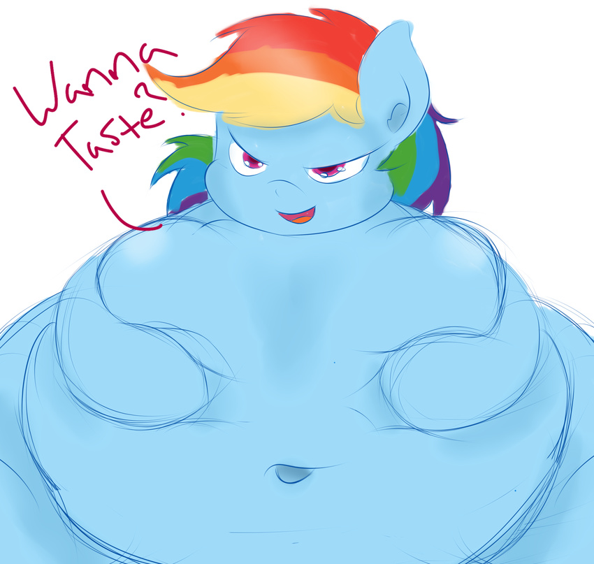 bedroom_eyes blue_fur equine female friendship_is_magic fur graphene hair hooves horse long_hair looking_at_viewer mammal multicolored_hair my_little_pony navel obese open_mouth overweight plain_background pony purple_eyes rainbow_dash_(mlp) smile solo text