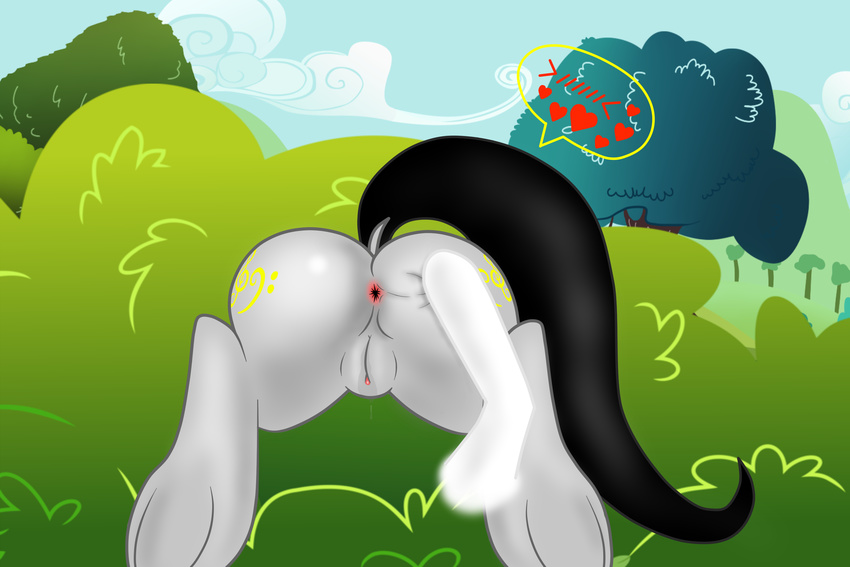 &lt;3 absurd_res anus big_butt black_hair butt clitoris cutie_mark equine fan_character female fur hair hi_res hooves horse klavinova long_hair mammal my_little_pony outside pony pussy pussy_juice raised_tail rear_view solo spreading stuck wet_pussy