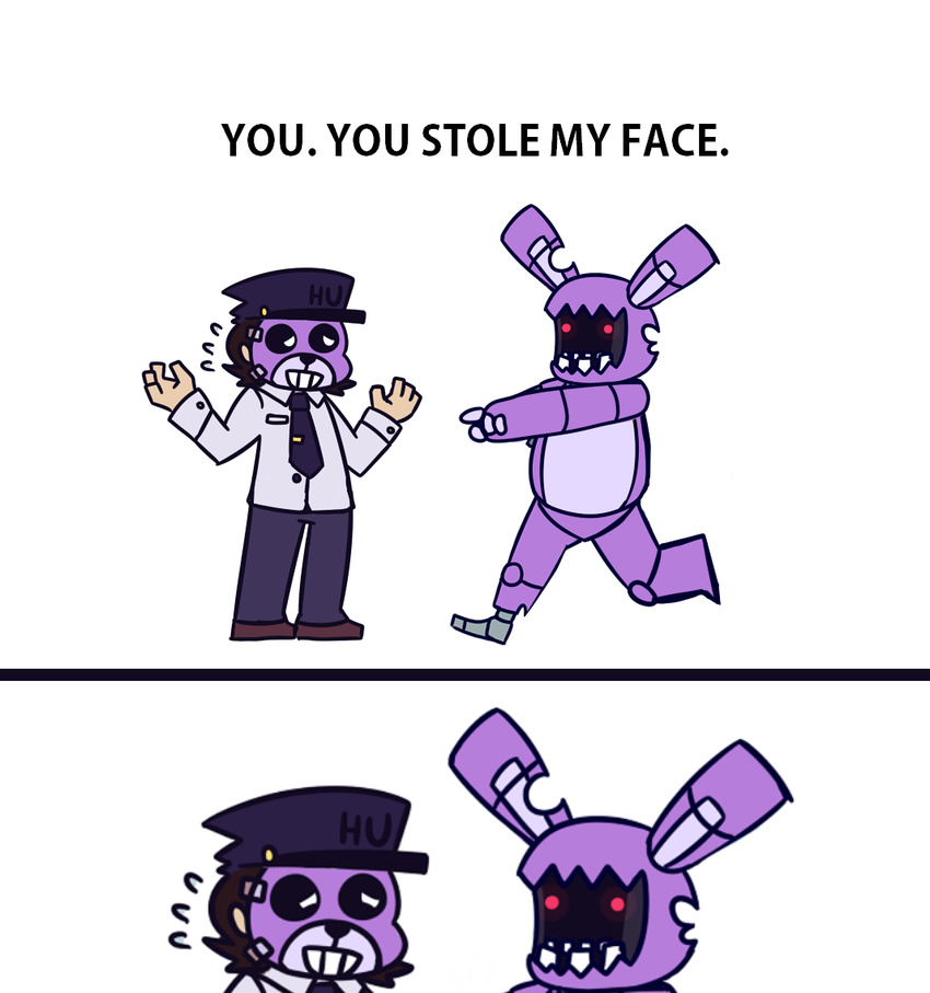 ambiguous_gender animatronic bonnie_(fnaf) comic duo five_nights_at_freddy's five_nights_at_freddy's_2 hat human lagomorph machine male mammal mask mechanical necktie open_mouth plain_background rabbit robot sweat teeth uniform white_background