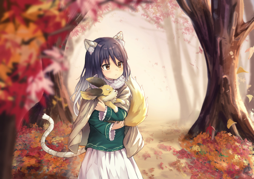 animal animal_ear_fluff animal_ears autumn_leaves bangs black_hair blurry blurry_foreground blush brown_eyes carrying cloak closed_mouth dargo day depth_of_field expressionless eyebrows_visible_through_hair falling_leaves fur_collar gradient_hair green_shirt hair_intakes kashiwazaki_shiori leaf long_hair long_sleeves looking_to_the_side multicolored_hair outdoors princess_connect! princess_connect!_re:dive shirt skirt solo tail tree white_hair white_skirt wide_sleeves