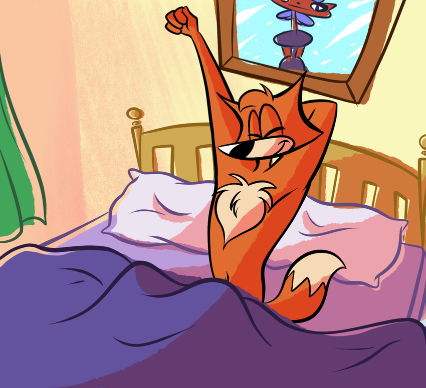 anthro bed canine chest_tuft eyes_closed fox fur game ladysomnambule male mammal muscles nude solo spy_fox tuft waking_up