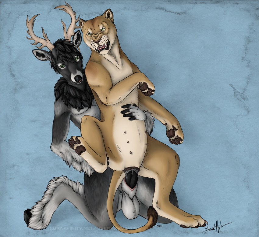 2015 anatomically_correct anatomically_correct_pussy animal_genitalia anthro anthro_on_feral antlers balls bestiality cervine claws cum cum_in_pussy cum_inside deer duo ear_tag erection feline female feral fluff fur hair hindpaw horn interspecies jb_greymane krimzen_redwing lion male mammal nipples nude on_top open_mouth pawpads paws penetration penis plain_background predator/prey_relations presenting pussy reverse_cowgirl_position sex snarling spread_legs spreading straight teats toes tongue vaginal vaginal_penetration