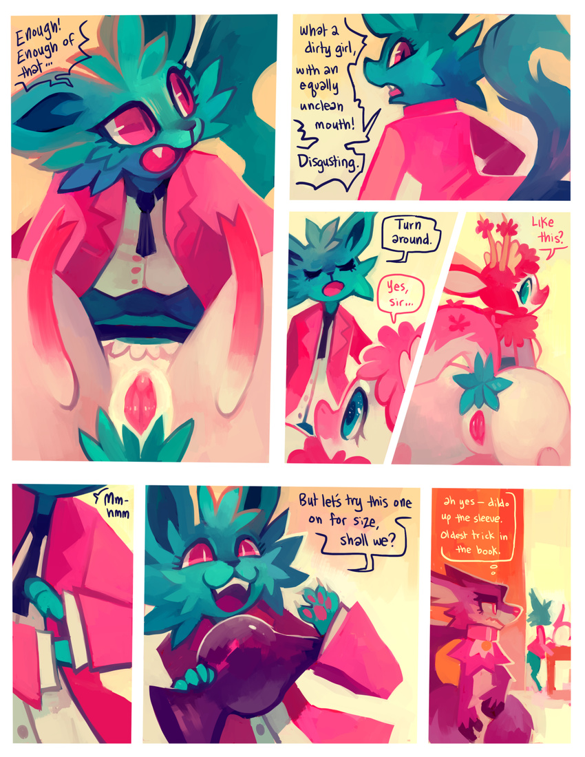 2014 alice_(floraverse) anal anal_insertion anal_penetration anthro bow butt canine cat clitoris clothing collar comic cute dialogue dildo english_text faun feline female floraverse fur group horn improvised_dildo insertion jacklyn_(floraverse) kemono knot lesbian maid maid_uniform mammal open_mouth peche_(floraverse) penetration presenting presenting_hindquarters presenting_pussy purplekecleon pussy red_eyes satyr sex sex_toy teeth text wide_hips wolf