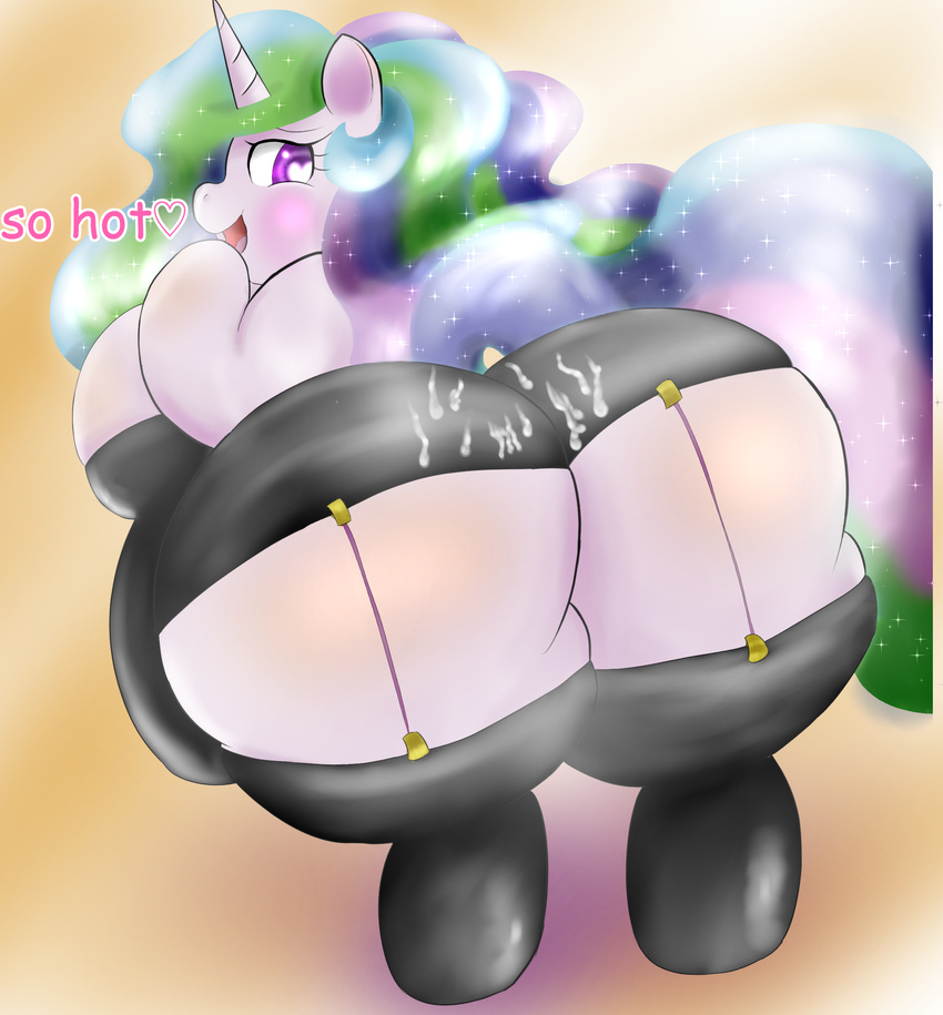 &lt;3 &lt;3_eyes anthro big_breasts braffy breasts butt clothing cum cum_on_butt digital_media_(artwork) equine female friendship_is_magic fur hair hi_res hooves horn huge_breasts legwear long_hair looking_at_viewer looking_back mammal multicolored_hair my_little_pony obese open_mouth overweight presenting princess_celestia_(mlp) purple_eyes raised_tail rear_view smile solo standing stockings text unicorn white_fur