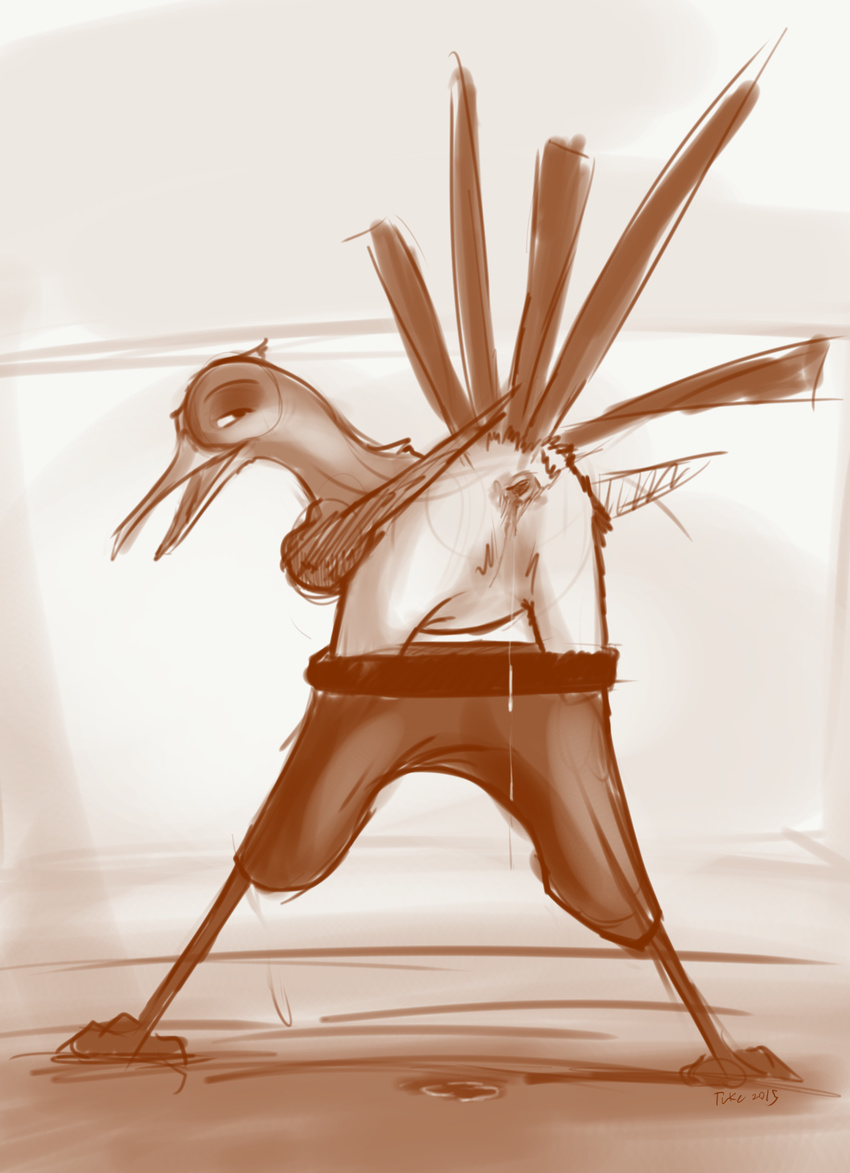 2015 anus avian bent_over clothing feathers kung_fu_panda leaking looking_at_viewer looking_back male master_crane monochrome pants pants_down presenting presenting_anus raised_tail signature sketch solo tail_feathers tuke