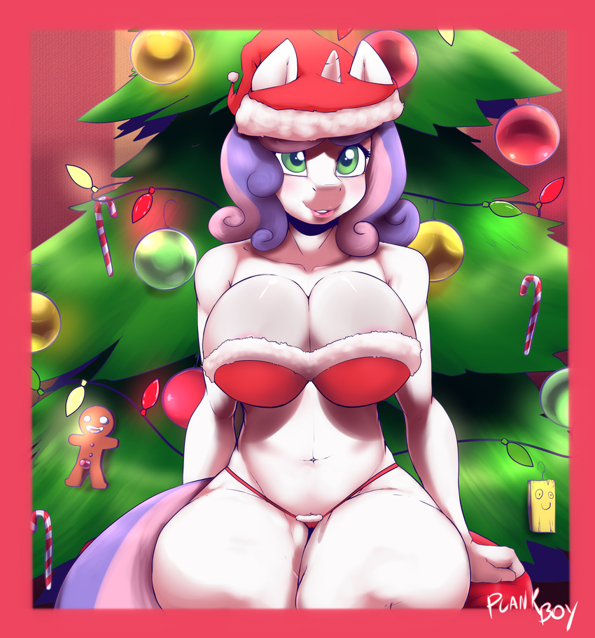 2015 absurd_res anthro anthrofied big_breasts breasts candy_cane christmas christmas_tree cleavage clothed clothing digital_media_(artwork) equine female friendship_is_magic gingerbread_man green_eyes hair hat hi_res holidays horn mammal my_little_pony navel older plank_(character) plankboy santa_hat smile solo sweetie_belle_(mlp) tree two_tone_hair unicorn white_skin