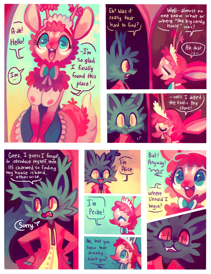 2014 alice_(floraverse) blush bow breasts cat clothing comic cute dialogue duo english_text faun feline female floraverse fur happy horn kemono maid maid_uniform mammal nipples open_mouth peche_(floraverse) purplekecleon rape_face red_eyes satyr smile teeth text wide_hips