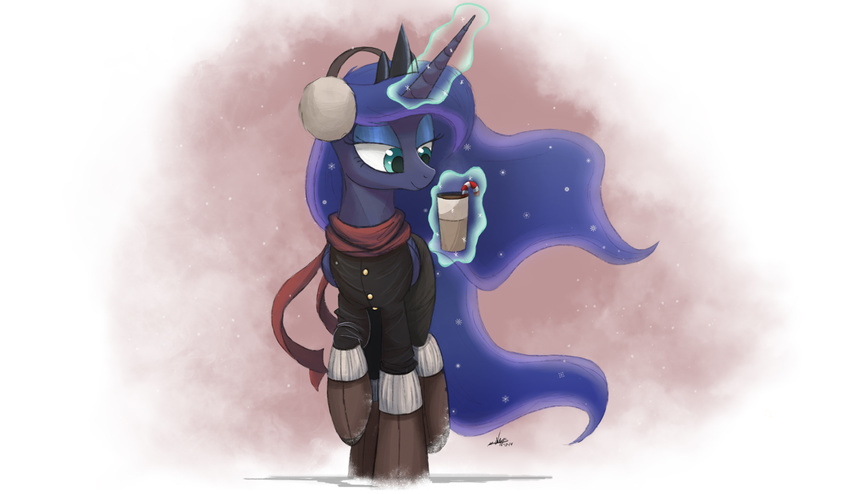 2014 blue_eyes candy_cane clothing cup earmuffs equine female friendship_is_magic glowing horn hot_chocolate levitation magic mammal my_little_pony ncmares princess_luna_(mlp) scarf snow solo sparkles winged_unicorn wings
