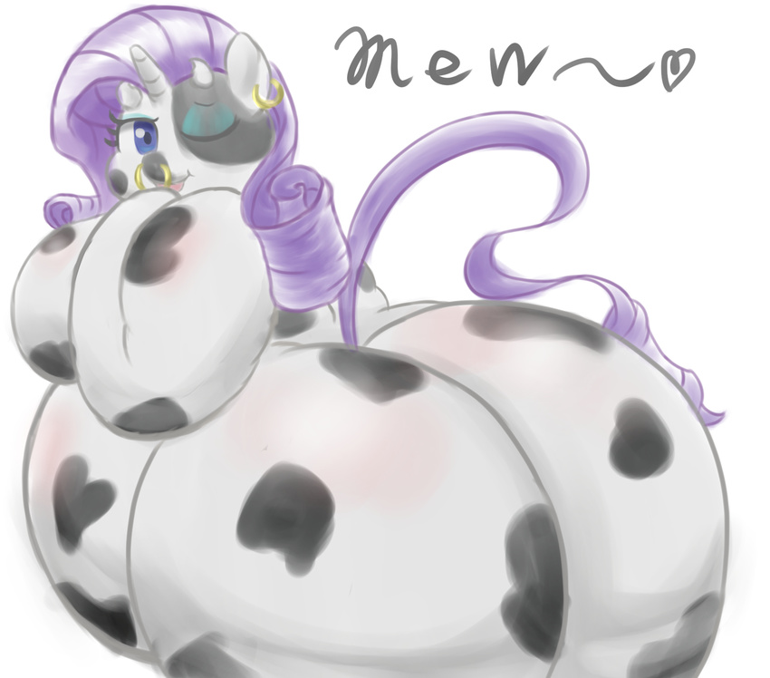 &lt;3 anthro big_breasts blue_eyes bovine braffy breasts cattle digital_media_(artwork) equine facial_piercing female friendship_is_magic fur hair hi_res hooves horn long_hair looking_at_viewer looking_back mammal my_little_pony nose_piercing nose_ring obese one_eye_closed overweight piercing purple_hair rarity_(mlp) rear_view smile solo text unicorn wink
