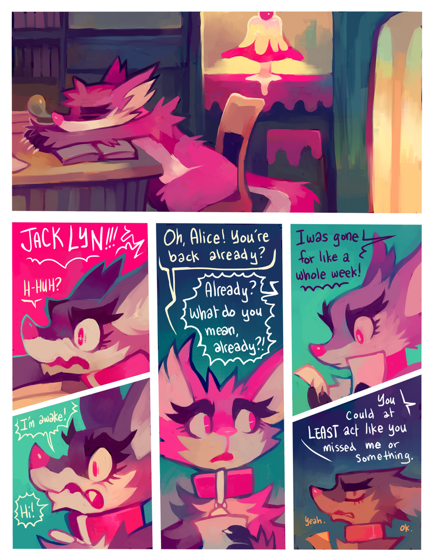 2014 annoyed anthro book canine collar comic dialogue english_text eyes_closed female floraverse fur jacklyn_(floraverse) kemono mammal open_mouth purplekecleon sleeping solo text unseen_character wolf