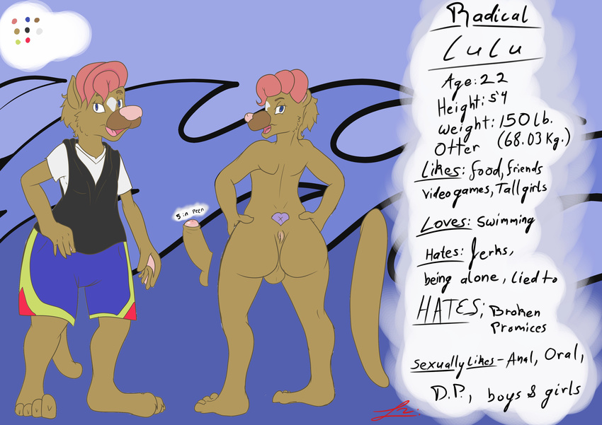 anthro anus backsack balls butt clothed clothing girly luigiwabbit lulu male mammal model_sheet mustelid otter penis presenting radicalweegee solo uncut wide_hips