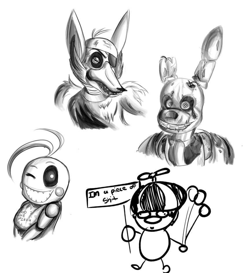 2015 animatronic anthro avian balloon_boy_(fnaf) bird bonnie_(fnaf) canine chicken clothing digital_media_(artwork) english_text eye_patch eyewear feathers female five_nights_at_freddy's five_nights_at_freddy's_2 five_nights_at_freddy's_3 fox foxy_(fnaf) fur galladexd golden_bonnie_(fnaf) group hair hat lagomorph looking_at_viewer machine male mammal mechanical monochrome open_mouth plain_background rabbit robot smile teeth text toy_chica_(fnaf) white_background