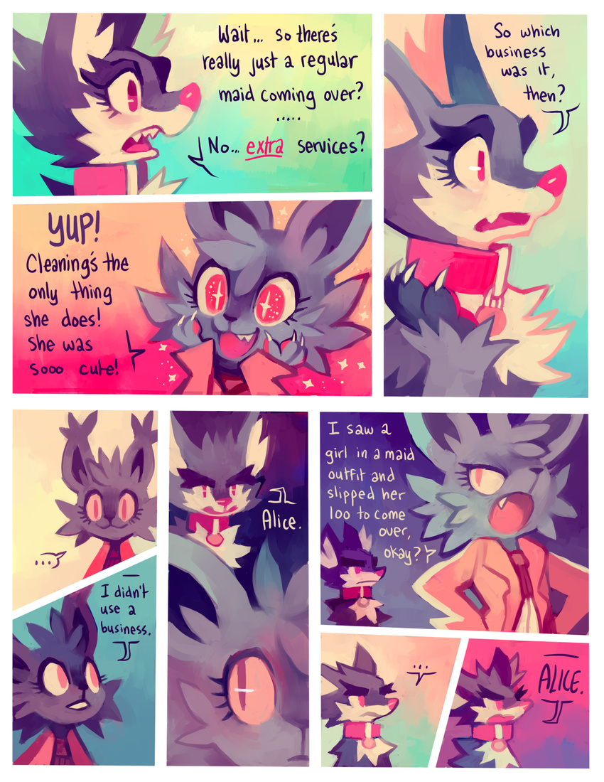 2014 alice_(floraverse) annoyed anthro canine cat clothing collar comic cute dialogue duo english_text feline female floraverse fur happy jacklyn_(floraverse) kemono mammal open_mouth purplekecleon red_eyes smile teeth text wolf
