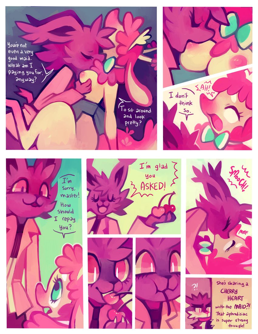 2014 alice_(floraverse) anthro bow breast_suck breasts canine cat cherry clothing collar comic cute dialogue duo_focus english_text faun feline female floraverse fur group horn jacklyn_(floraverse) kemono kissing lesbian maid maid_uniform mammal nipples open_mouth peche_(floraverse) purplekecleon pussy red_eyes satyr sex smile teeth text thick_thighs wide_hips wolf