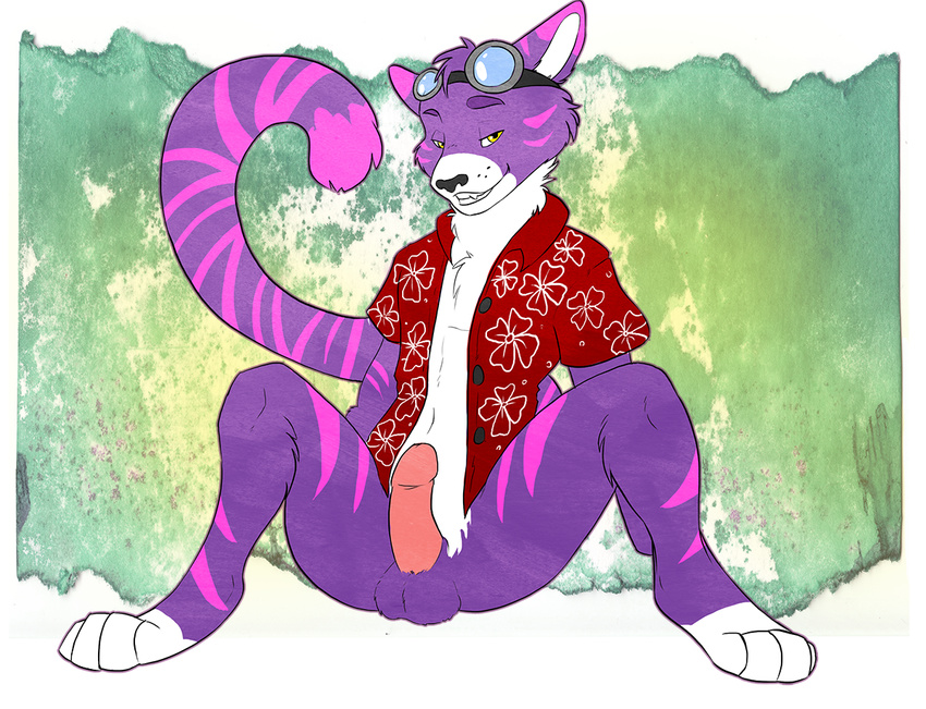 bottomless cheshire_thaddeus_felonious clothed clothing eyewear fan_character fur goggles half-dressed hawaiian_shirt lindariel male open_shirt penis pink_fur purple_fur shirt solo spread_legs spreading