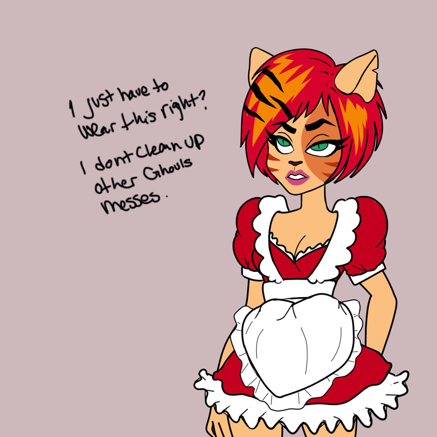 cleavage clothed clothing english_text female green_eyes hair maid maid_uniform monster_high msmizu orange_hair solo text toralei_stripe werecat