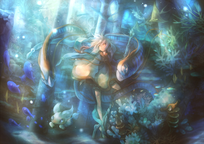 bubble fantasy fish orange_eyes original ruins solo sui_(petit_comet) underwater white_hair