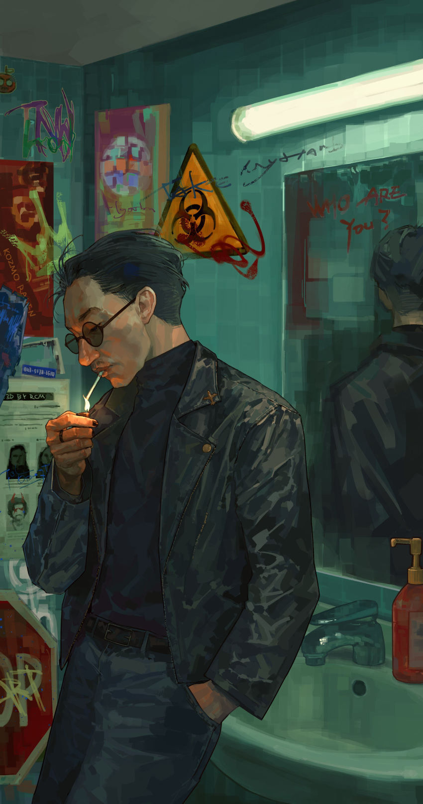 1boy absurdres bathroom belt black_hair black_jacket black_shirt denim disco_elysium english_text glowing graffiti hand_in_pocket highres holding holding_lighter indoors jacket jeans jewelry kim_kitsuragi kozmoraven1610 leaning_back lighter lighting_cigarette male_focus painterly pants realistic ring road_sign round_eyewear shirt sign sink stop_sign tile_wall tiles variant_set