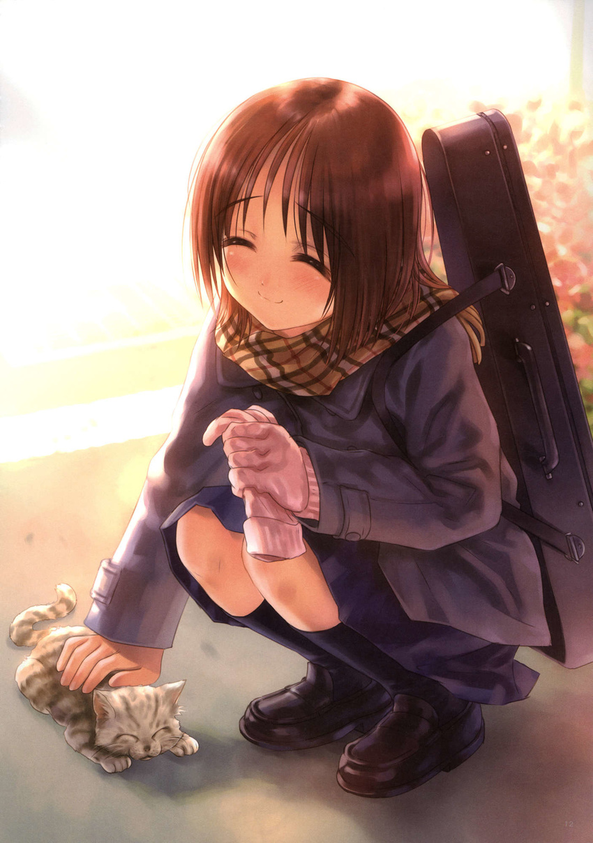 blush brown_hair cat closed_eyes copyright_request gloves goto_p highres long_hair plaid plaid_scarf scarf smile solo